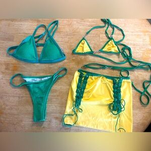 Green and Yellow Bikini Set with Skirt